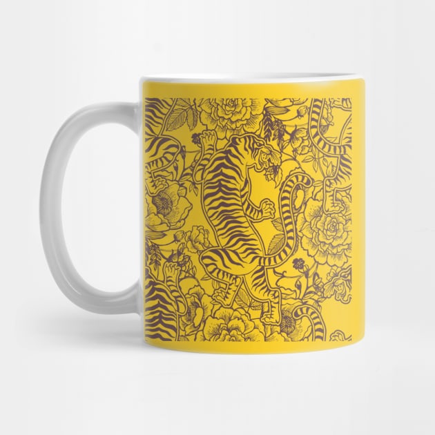 Chinese Tiger Vintage Pattern Mustard Yellow - Retro Hong Kong Print by CRAFTY BITCH